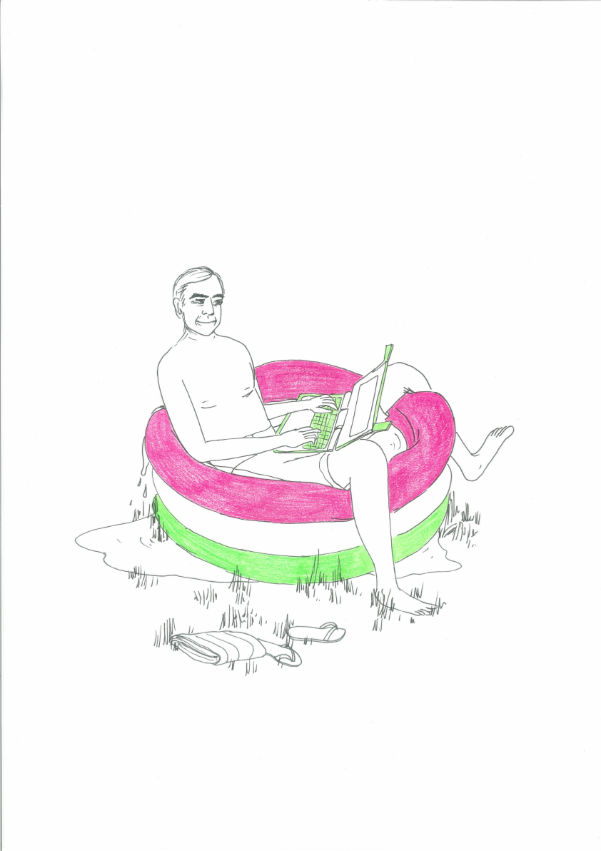 Nicholas Negroponte, drawn by Judith Carnaby for the 2013 Open Source Calendar Swimsuit Edition