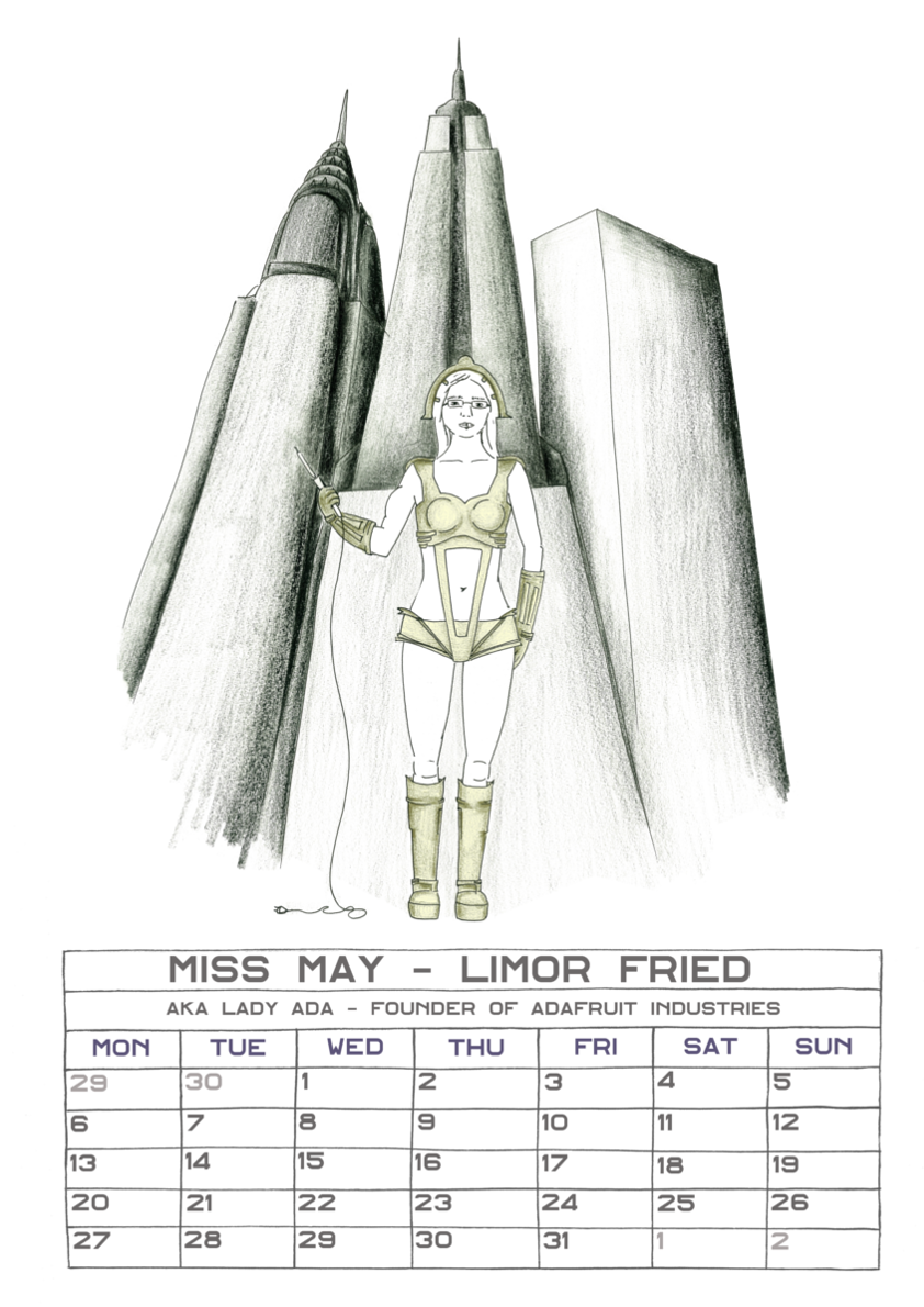 Limor Fried aka Ladyada drawn by Judith Carnaby for the 2013 Open Source Calendar Swimsuit Edition