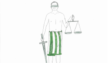 Lawrence Lessig draped in a towel, blindfolded, on a column with the scales of justice