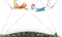 Drawing of Mitchell Baker performing trapeze with the Firefox
