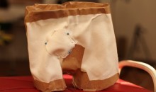 Photo of a prototype pair of boxer shorts, with a repair patch pinned on the front