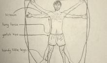 drawing of Sam Muirhead in the form of Da Vinci's famous Vitruvian Man image