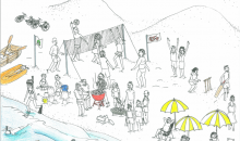Drawing of a beach scene with dozens of different people chatting, swimming, and playing together.