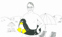 Drawing of Linus Torvalds wearing a speedo and an inflatable penguin ring